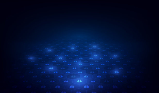 Blockchain circuit networking concept. Distributed ledger technology. Locks are located in Hexagonal cells