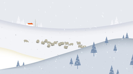 Winter scenery landscape, group of sheep eating grass surrounded by snow mountains and small house on the hill
