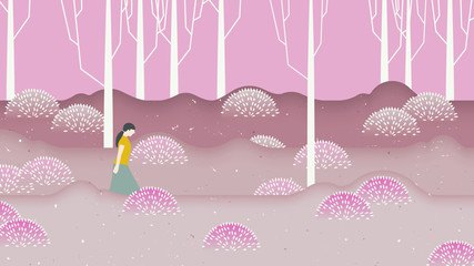 Spring scenery landscape, girl walking through pink flower fields