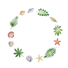 Watercolor vector colorful frame with seashells and tropical leaves isolated on a white background.