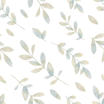 Watercolor vector hand painting seamless pattern with pastel branches and leaves.