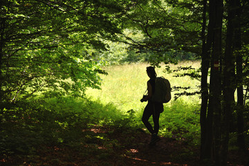 Fototapeta premium Silhouette of a young woman with a backpack and a photo camera walking through a dark forest, sunny meadow in the background, people outdoors