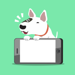 Cartoon character bull terrier dog with a big smartphone