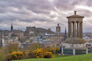 Cityscape view of the old town district of Edinburgh City from the hilltop of Calton Hill in central Edinburgh, Scotland, UK