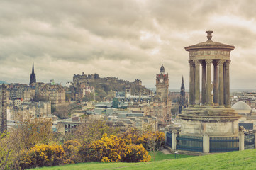Cityscape view of the old town district of Edinburgh City from the hilltop of Calton Hill in central Edinburgh, Scotland, UK