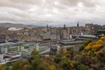 Fototapeta na wymiar Cityscape view of the old town district of Edinburgh City from the hilltop of Calton Hill in central Edinburgh, Scotland, UK