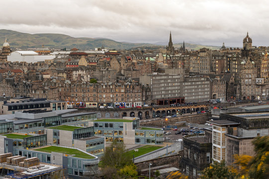 Cityscape view of the old town district of Edinburgh City from the hilltop of Calton Hill in central Edinburgh, Scotland, UK