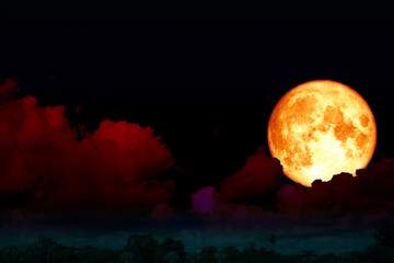 full strawberry moon back silhouette cloud in night sky