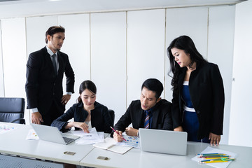 problem of business team brainstorming researching and marketing in office, Brainstorm group working concept.