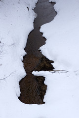 The last snow on the ground near the brook water streams in the forest at sunset on a spring day .