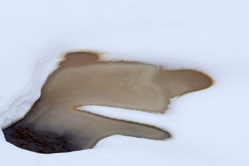 Early spring landscape of the snow in the forest. Melt water in a spring stream on a sunny day in the forest .