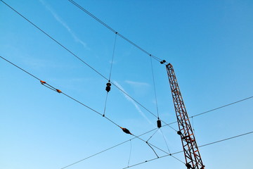 Wires at the railway station against the beautiful sky. Krasnoyarsk. Russia. Copy space for you text