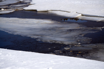 The awakening of nature. The lake is free of ice. In the foreground, beautiful ice-frozen waves.