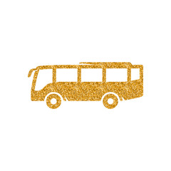 Bus icon in gold glitter texture. Sparkle luxury style vector illustration.