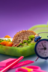 Lunch boxes with fresh breakfast. Breakfast school time concept.