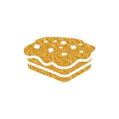 Cake icon in gold glitter texture. Sparkle luxury style vector illustration.