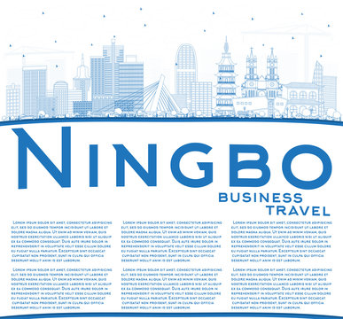 Outline Ningbo China City Skyline with Blue Buildings and Copy Space.