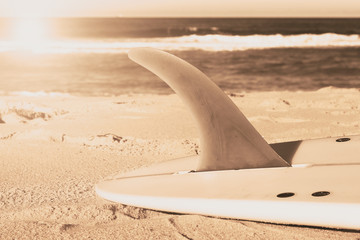 The surfboard with long fin tone effect on the beach sand in sunny day in Sunshine Coast Australia - obrazy, fototapety, plakaty