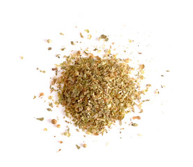 Pile of dried oregano leaves isolated on white background