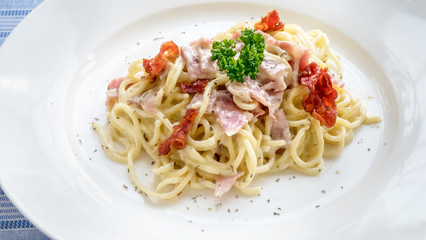 Spaghetti carbonara on dish