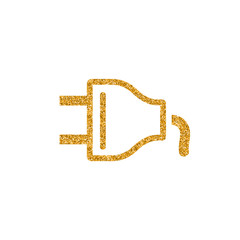Electric plug icon in gold glitter texture. Sparkle luxury style vector illustration.