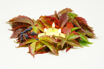 Candles in the autumn leaves.