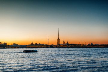 Beautiful city night landscape, white nights in St. Petersburg, view of the Neva and Peter and Paul Fortress