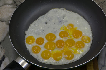 Quail eggs are friends in a small pan.