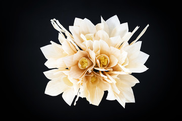 Kind of wood flower isolated on black background; to be placed on the site of cremation in Thailand. (Dok Mai Jan)