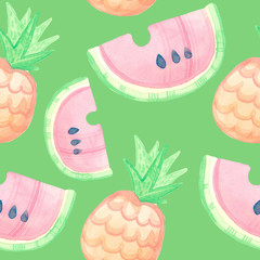 Seamless watercolor pattern handmade with cartoon fruit. Watermelon, pineapple on a pink background