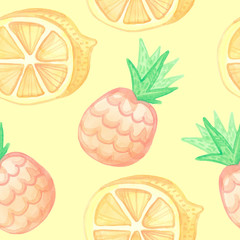 Seamless watercolor pattern handmade with cartoon fruit. Lemon, pineapple on a yellow background
