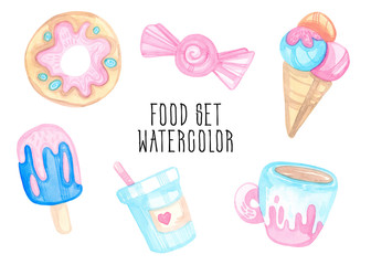 Watercolor set with delicious, sweet food. Donut, ice cream, candy, drinks isolated on white background