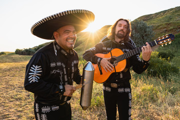 Mexican musicians mariachi outdoor. 