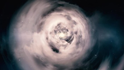 Flying through a tunnel from the night sky, stars and clouds. Night flight over clouds. Loop
