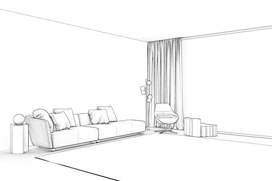 3d Illustration. Sketch Of Living Room With Panoramic Window