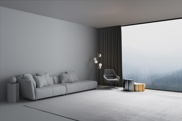 3d illustration. Interior of the living room with view of the misty mountains