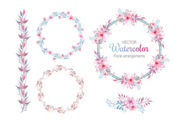 Floral arrangements in gentle pastel pink-emerald tones. Pink flowers. Sprigs with leaves. Isolated objects. Vector illustration.