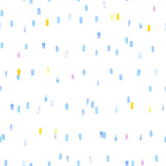 Seamless pattern with abstract geometric figures. Watercolor little line-spots in a chaotic order, blue, yellow and violet colors.