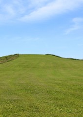 A view of the bright green grass hill landscape.