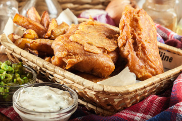 Traditional fish in beer batter and chips