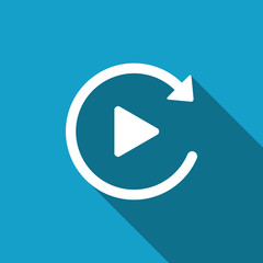 Video play button like simple replay icon isolated with long shadow. Flat design. Vector Illustration