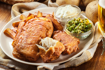 Traditional fish in beer batter and chips