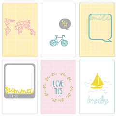 Set of travel illustrations. Cards with travel symbols. Travel by boat, by bicycle. Travel around the World. Take a picture. Flat style vector illustration. Marketing, tourism, scrapbooking.