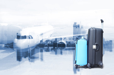 traveler suitcases in airport terminal waiting area,  interior with large windows, focus on suitcases ,summer vacation concept,Suitcases in airport departure lounge, airplane in background,