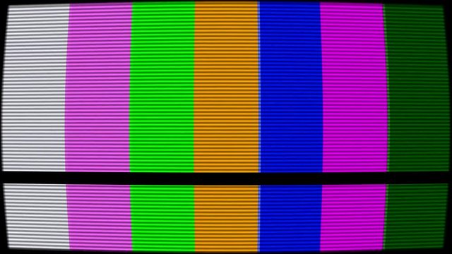 Old TV test pattern colorful stripes damaged by glitches, banding and grain noise effects
