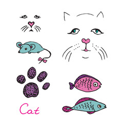 Cat set, paw print and faces, mouse and fish colorful toys, hand drawn doodle, sketch, outline black and white vector illustration