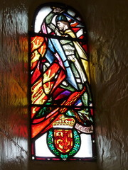 Glass window with William Wallace and the royal flag of Scotland