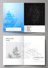 Vector editable layout of two A4 format cover mockups design templates for bifold brochure, magazine, flyer. Polygonal background with triangles, connecting dots and lines. Connection structure.