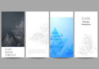 The minimalistic abstract editable vector layout of four modern vertical banners, flyers design business templates. Polygonal background with triangles, connecting dots and lines. Connection structure