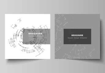 The vector layout of two square format covers design templates for brochure, flyer, magazine. Network connection concept with connecting lines and dots. Technology design, digital geometric background